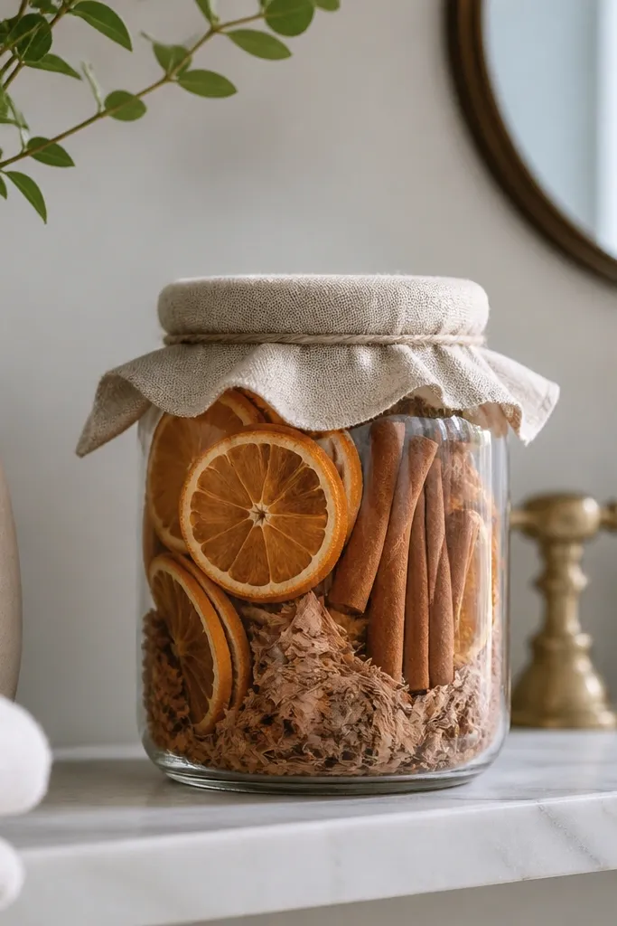 A clear glass jar with a fabric-lidded top. Inside are dried orange slices, cedar shavings, and a few cinnamon sticks tucked vertically. The jar sits on a bathroom shelf with soft daylight.