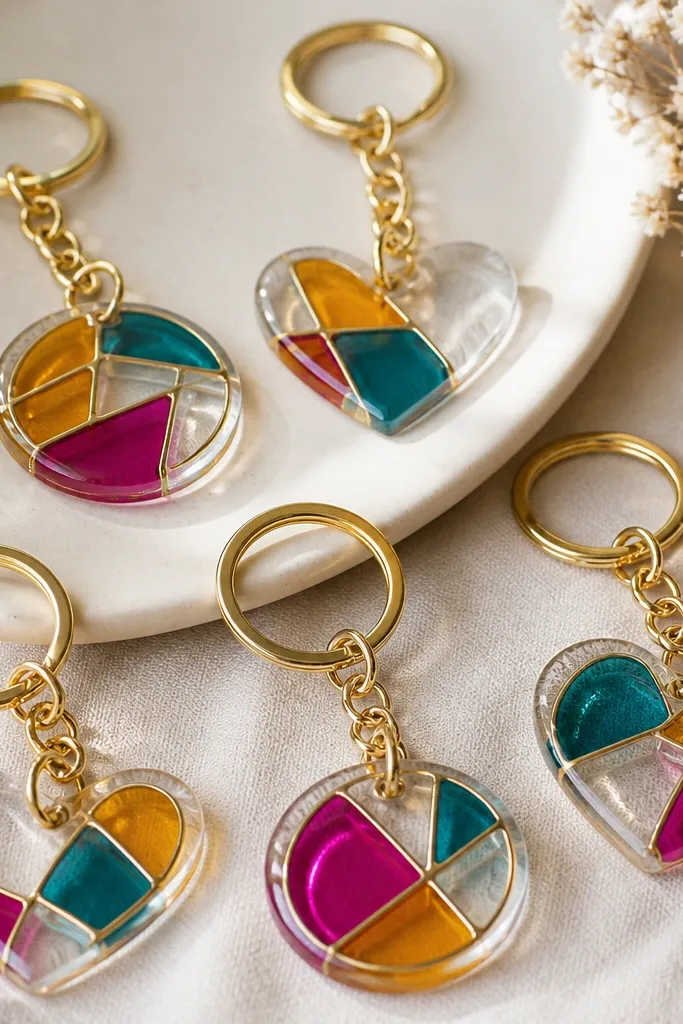 A set of small heart and circle keychains made from transparent acrylic. Colorful stained-glass effect lines outline each shape, with glossy painted sections in teal, amber, and magenta.