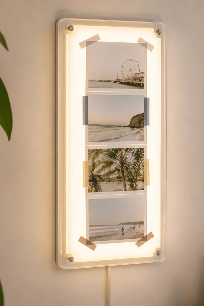 A small rectangular LED light panel behind a clear plastic cover. A strip of printed photos is held in place with strips of washi tape in muted colors, creating a clean grid. The panel glows warm white.
