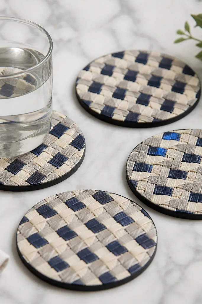Four round coasters with a tight woven look. The top layer is woven strips in navy, cream, and light gray. Each coaster has a black leatherette underside, and the edges look clean and sealed.