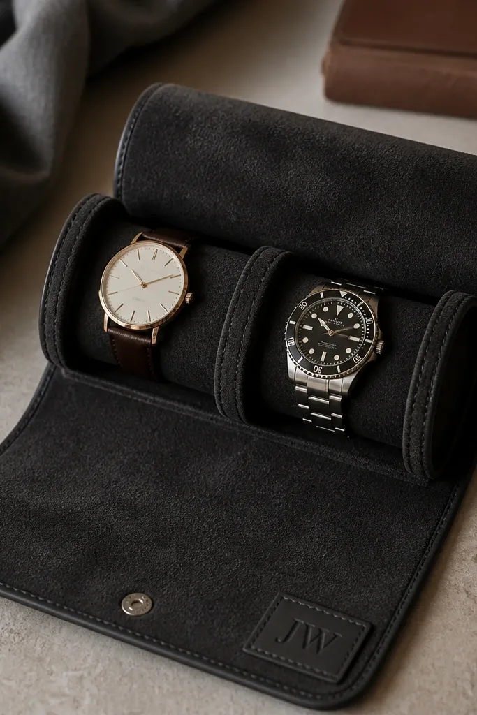A rolled watch case laid open. Faux suede fabric in deep charcoal lines the interior. Two watch slots sit inside, and a snap button closure closes the roll. A stitched leather label at the corner reads his initials.