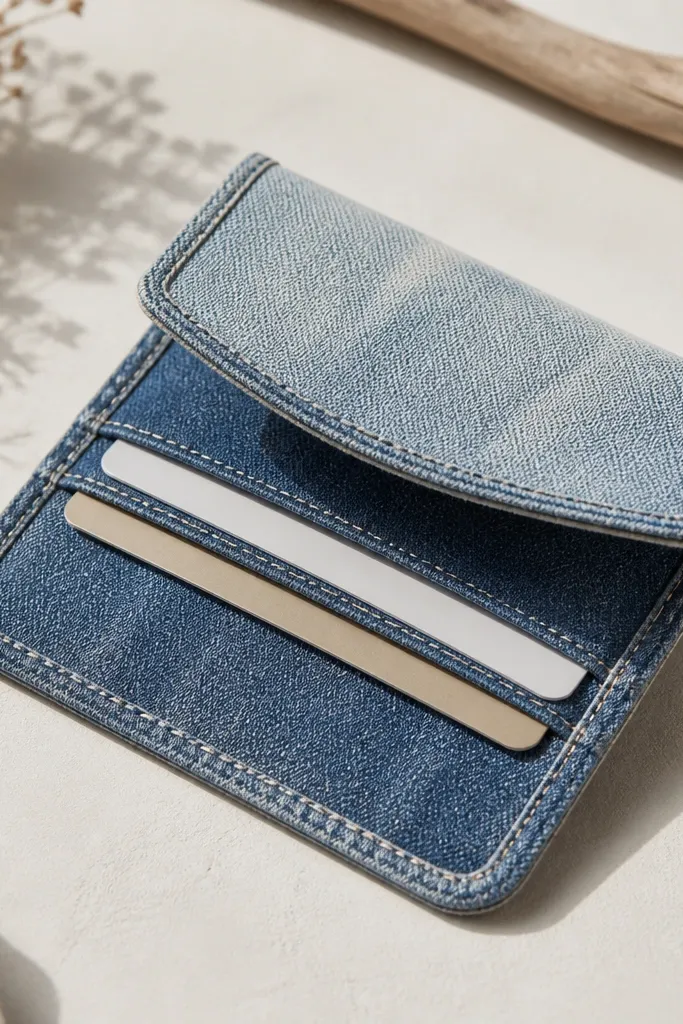 A slim card holder made from faded blue denim. The top flap has a lighter denim patch and a stitched edge binding around the perimeter. Inside, you can see two card slots.