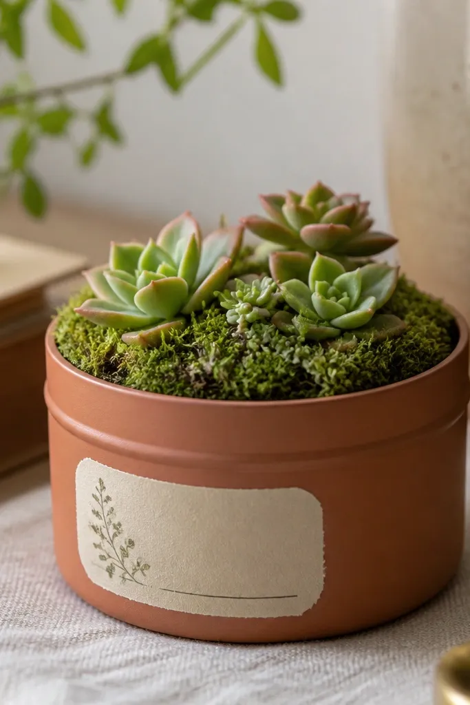 A small candle tin repurposed into a planter. The top is covered with green moss and a few tiny succulent rosettes. The tin has been repainted matte terracotta, and a handwritten label sits on the side.