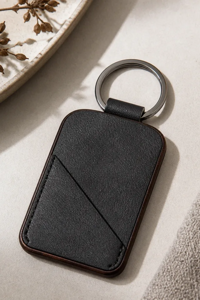 A flat key fob made from dark leatherette. It has a small hidden pocket on the front edge with a visible seam line. A metal keyring attaches at the top, and the edges are burnished.