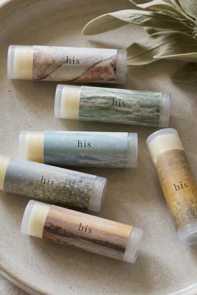 Several small lip balm tubes with handmade labels. Each label has a photo strip style background in muted colors, with his name in clean black text. The labels wrap around the tube smoothly.