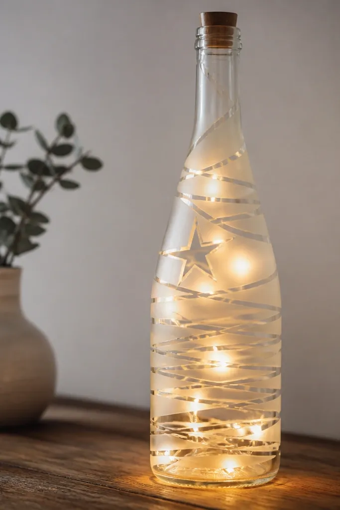 A repurposed glass bottle turned into a nightlight. Warm LED string light glows inside. The bottle has a frosted contact paper pattern - thin lines and a small star - leaving clear glass as contrast.