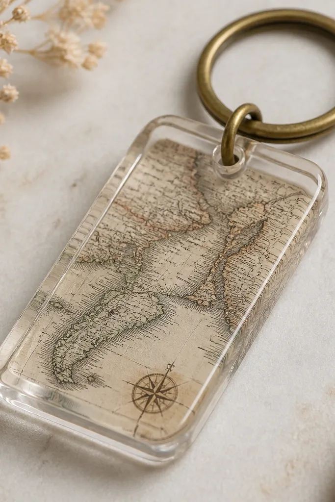 A clear resin keychain with a small piece of vintage map embedded. The map lines are visible through the resin, with a tiny compass rose corner. The keychain shape is a rounded rectangle.