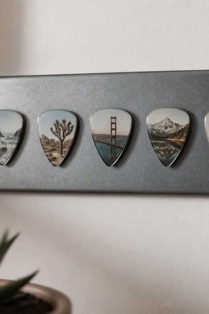 A row of guitar-pick shaped magnets on a small metal board. Each magnet has a tiny printed photo embedded under a clear top layer. The photos are muted and the magnets have a glossy finish.