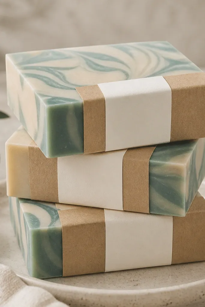 A stack of handmade soap bars wrapped in kraft paper with a clean label sticker. Inside the soaps you can see a swirl pattern in muted teal and warm beige. The bars have sharp edges and a smooth top.