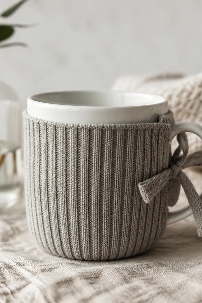 A mug cozy made from an old sweater cuff. The knit ribbing is visible and the cozy fits snugly around a mug. A small matching fabric tie sits on the side, and the cozy has a clean seam line.