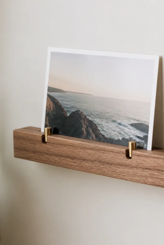 A small floating wood ledge mounted on a wall with two photo clips. The wood is stained light walnut and has a clean matte finish. A single 4x6 photo rests in front of the ledge, held by small metal hooks.
