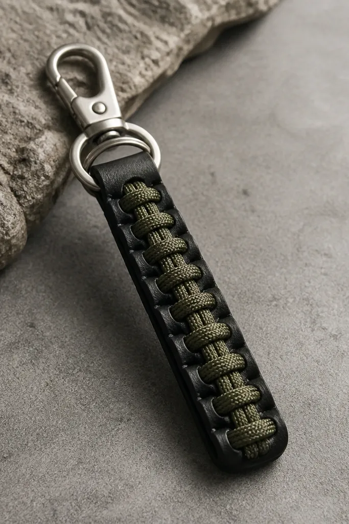 A keychain made from a narrow watch strap material. Paracord is braided through the strap loops, and metal rings connect at the top. The colors are black and olive with a silver clasp.