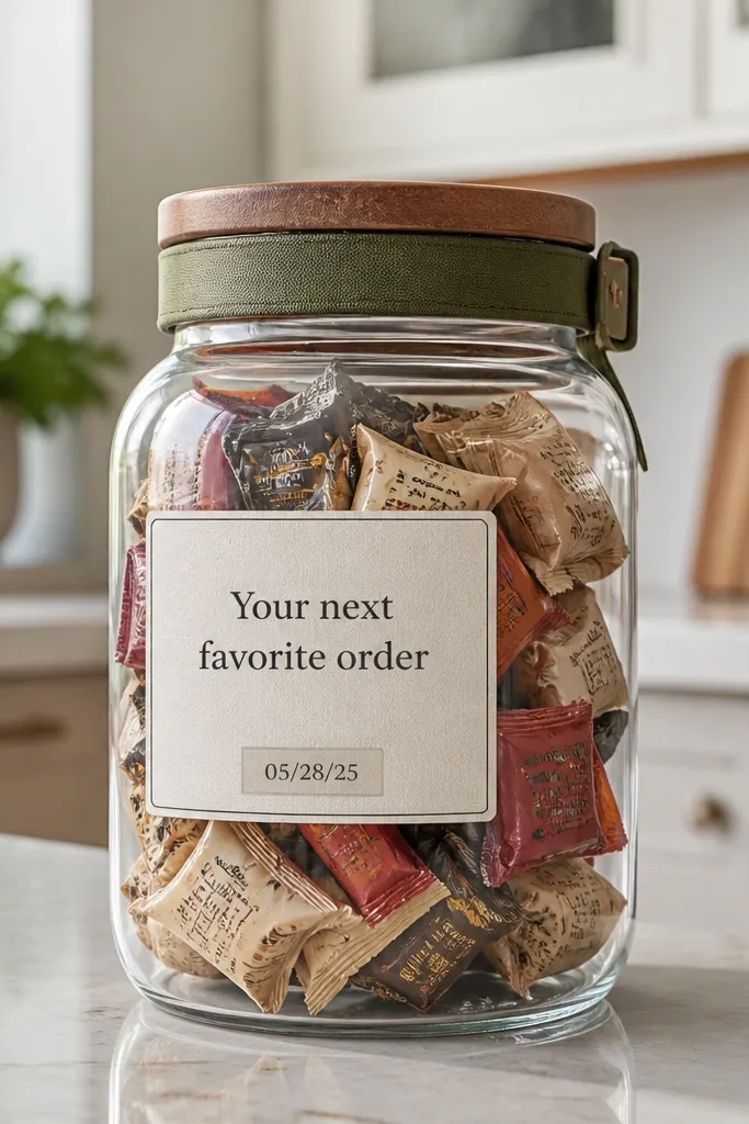 A clear jar filled with small snack packets or individually wrapped candies. The lid has a fabric band. A label on the front reads "Your next favorite order" with a small date window sticker, and the jar sits on a kitchen counter.