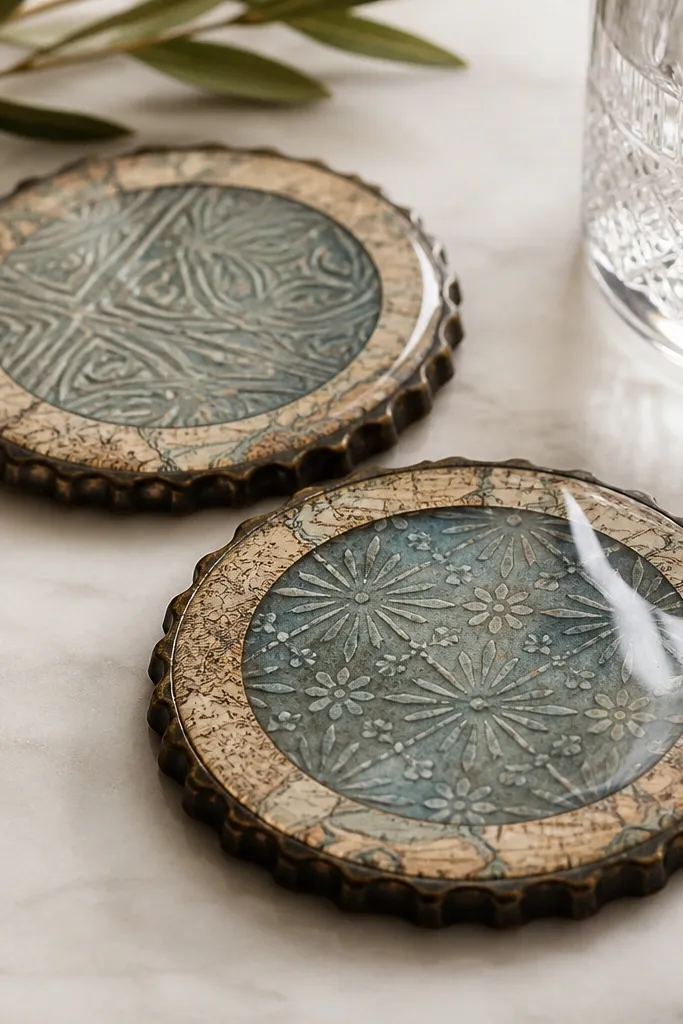 Two round bottle cap coasters. Each has a clear resin top with a thin ring of vintage map paper around the edge. The center shows a glossy resin surface with a stamped pattern.