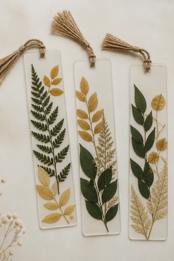 A set of three slim bookmarks. Each has pressed leaves sealed under clear lamination, with a small waxed twine tassel at the corner. The leaves are deep green and gold-toned, and the bookmarks are on a cream background.
