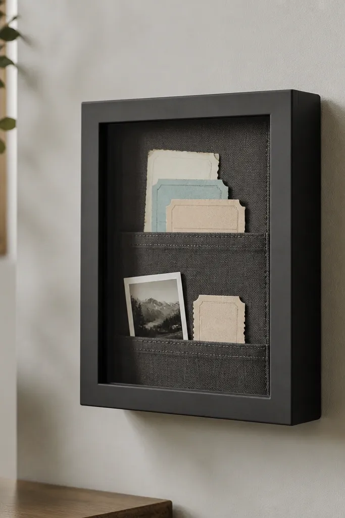 A small shadow box hung on the wall. Inside, a fabric backing in muted charcoal has stitched pockets holding ticket stubs and a tiny photo. A single clear panel protects the items, and the frame has a matte finish.