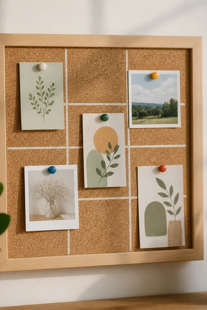 A small corkboard mounted on a wooden frame. A white painted grid is on top of the cork, dividing it into sections. Colorful pushpins hold printed notes, and the border looks clean and sanded.