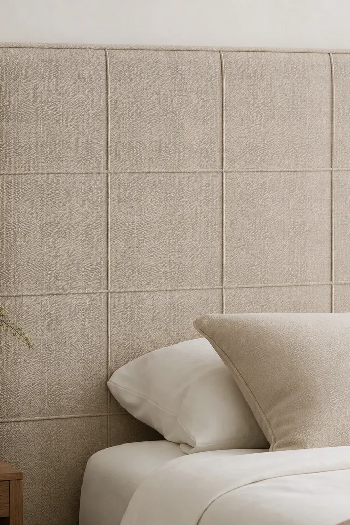 A rectangular headboard panel covered in soft matte linen, with a thin welt cord running vertically and horizontally to form a clean grid; the edges are wrapped and pulled tight, in warm oatmeal.