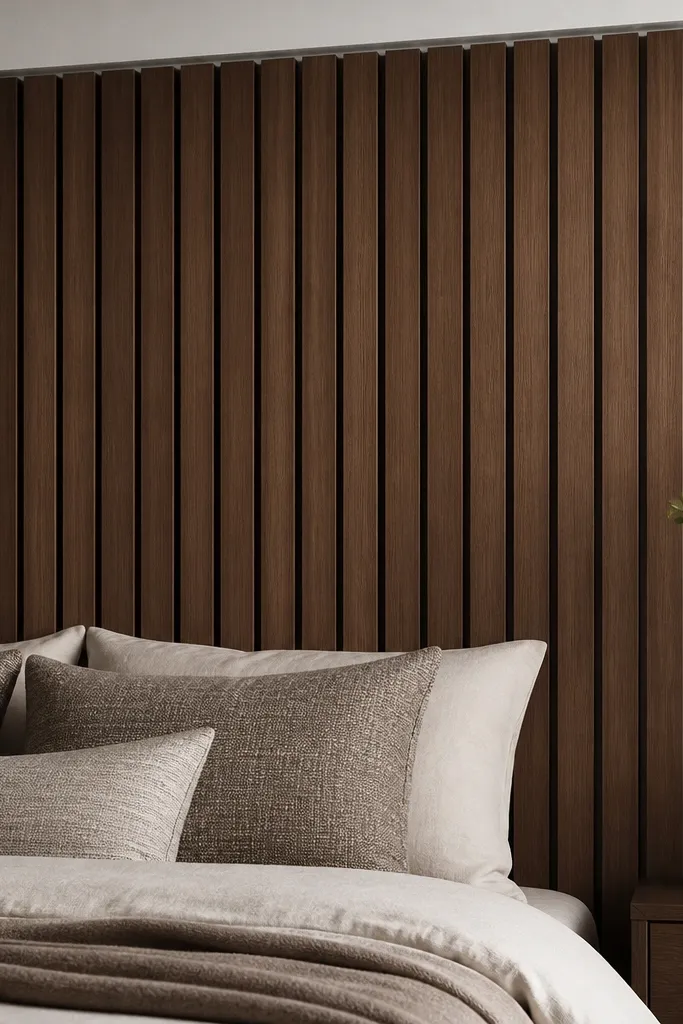A tall headboard made of evenly spaced vertical wood slats in a walnut stain, with each slat having a small chamfered edge that creates a shadow gap; the background is a clean painted frame.