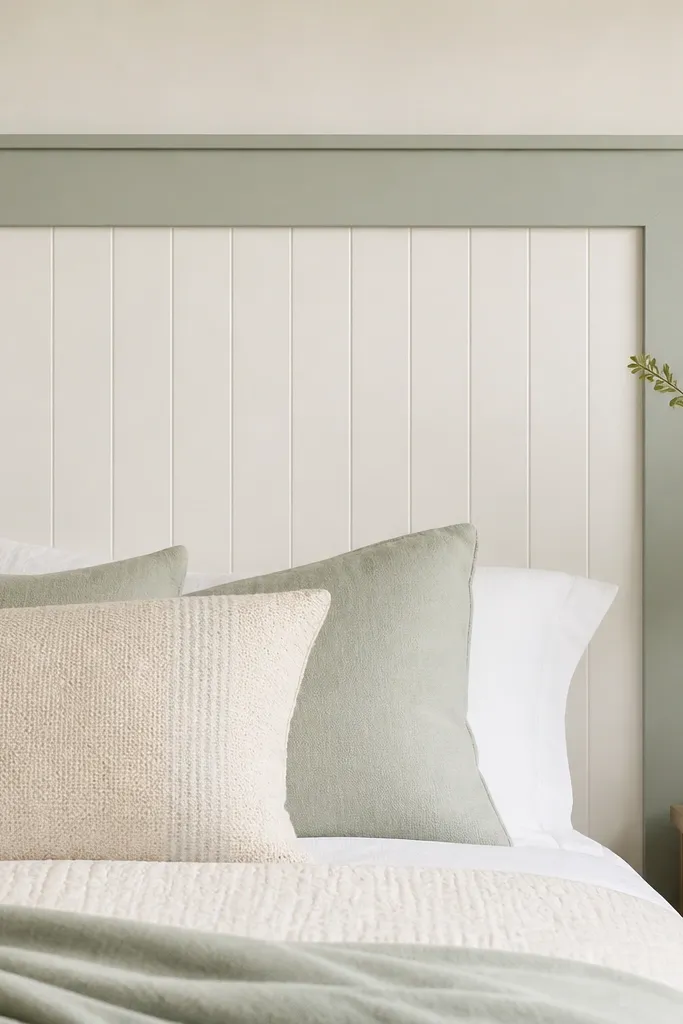 A headboard that has a white beadboard center panel with a thicker painted rail border in soft sage; the edges are smooth and the lines are straight.