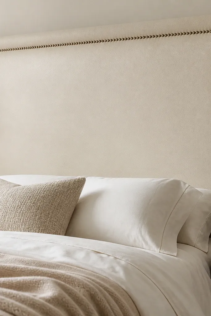 A large cream faux leather headboard with a tailored border and small brass nailhead studs running along the perimeter; the center is smooth and slightly structured.
