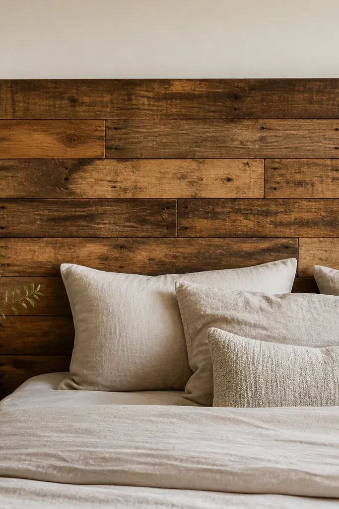 A headboard made from staggered pallet boards in warm brown, with visible wood grain and slight distress; the top edge is level and the surface looks hand-worked.