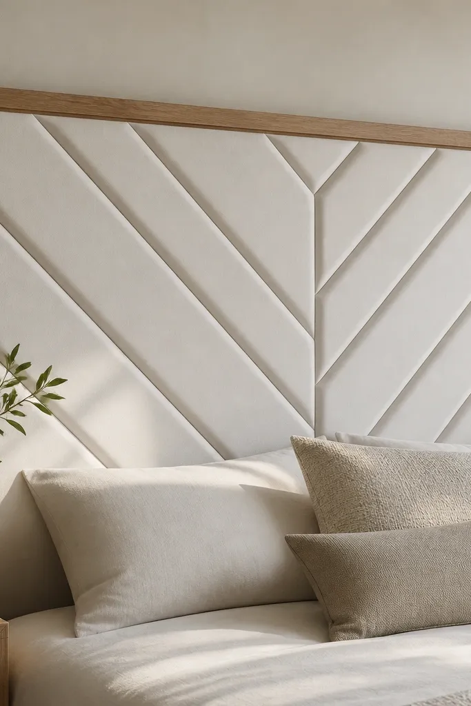 A headboard with a white foam panel center and raised geometric lines, framed by simple wood trim; shadows make the pattern pop.