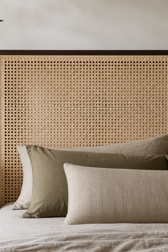 A headboard with a woven rattan-like pattern in natural tan over a flat backing, with a thin dark wood frame; it looks airy but structured.
