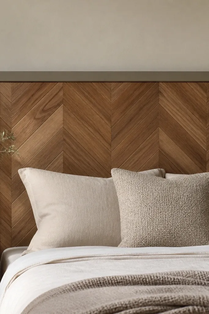 A headboard with a herringbone pattern in warm wood tones, cleanly aligned, with a simple painted border; the surface looks like wood veneer.