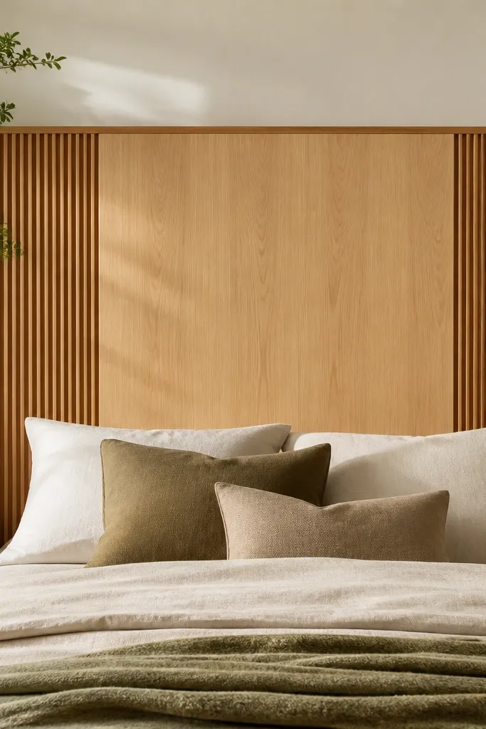 A headboard with vertical cedar battens on the sides and a smooth vertical center panel, all in warm natural wood; the center panel is slightly lighter.