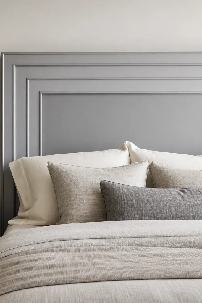 A headboard with multiple layers of trim creating a stepped rectangle pattern, painted soft gray with a slightly darker inset; edges are clean and squared.