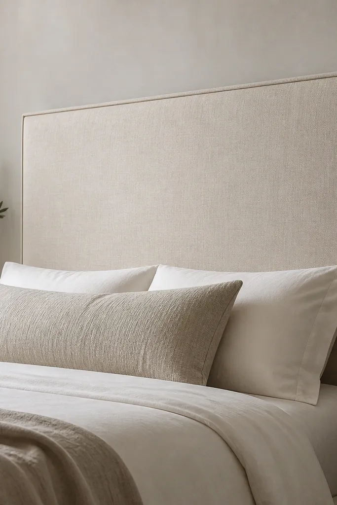 A headboard covered in drapey neutral fabric with visible piping along the corners and a simple border; the fabric hangs tight across a board.