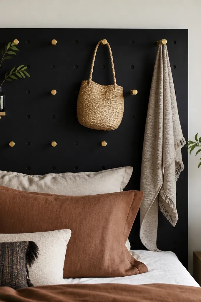 A pegboard headboard painted matte black with brass hooks arranged in a tidy grid; the surface looks functional and stylish.