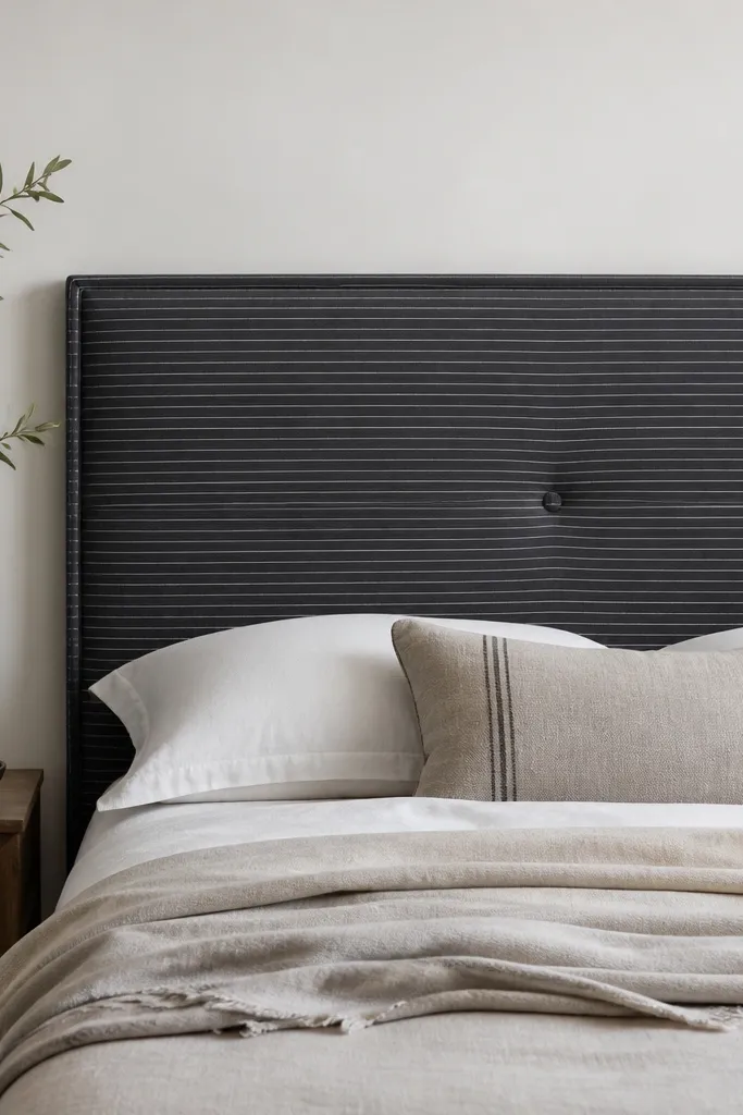 A headboard in dark charcoal ticking stripe fabric, with one centered tufted button and a clean border; the stripes stay straight across the panel.