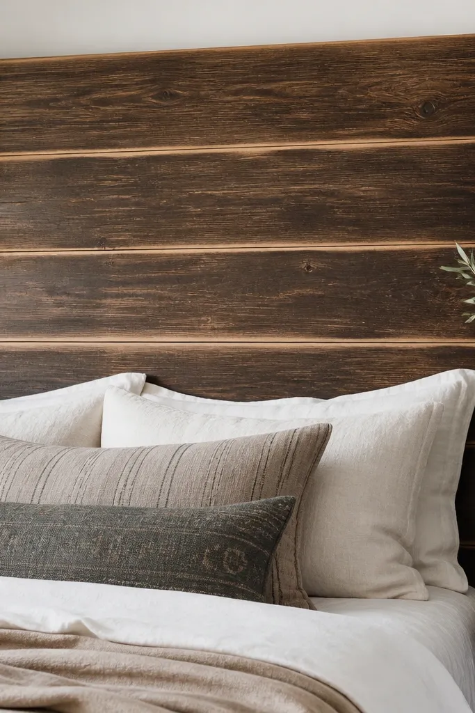 A headboard with horizontal shiplap boards, stained in two tones with lighter edges and darker centers; it looks like antique wood.