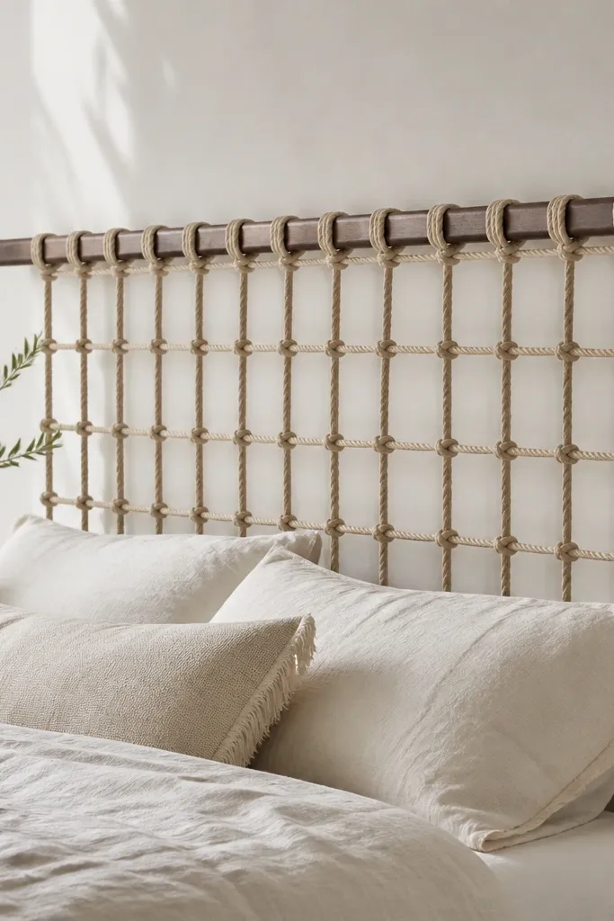 A headboard with a rope lattice pattern in natural beige, tied into a grid and attached to a slim dark wood top rail; the rest is open and airy.