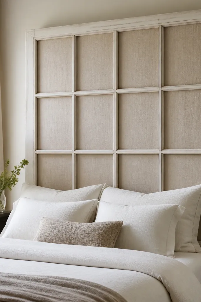 A tall headboard made from a painted window frame, with a linen panel behind it; the window panes are visible and the fabric fills the openings.