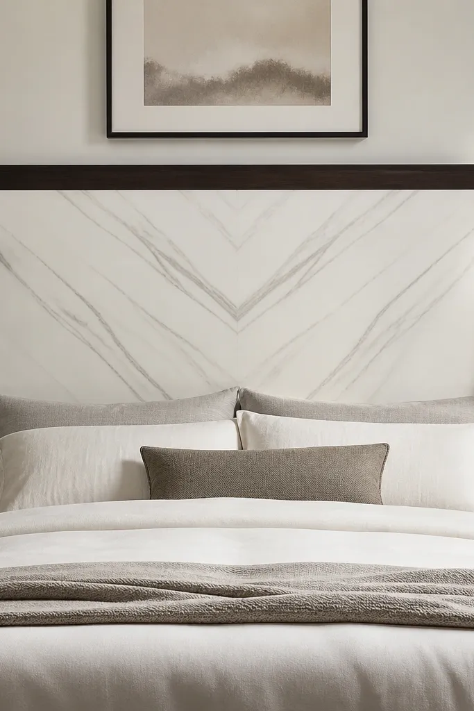 A headboard with a white marble-look pattern on a smooth panel, bordered by dark espresso wood trim; the pattern lines are straight and centered.