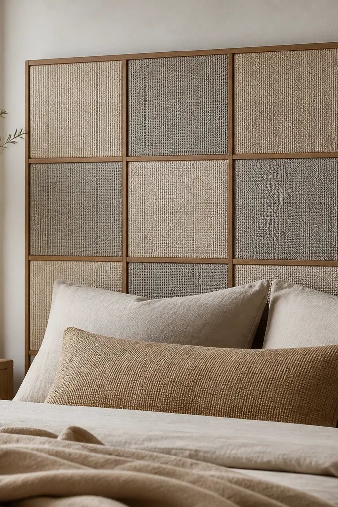 A headboard made of multiple woven fabric squares arranged in a grid, each bordered by thin wood strips; colors are sand, oat, and warm gray.