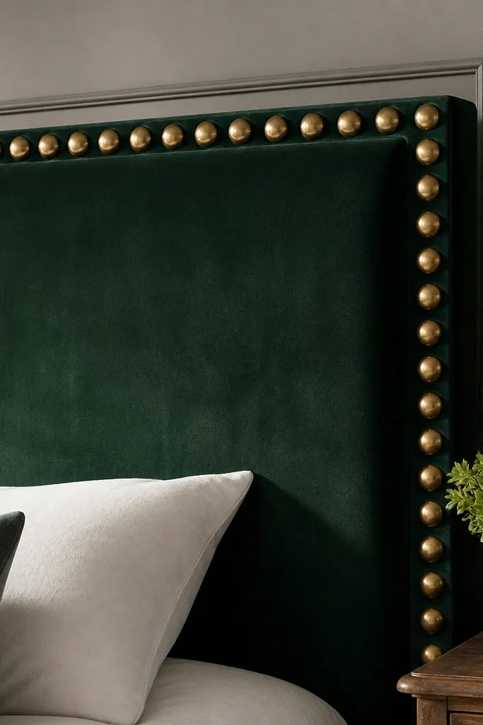 A deep green velvet headboard panel with a bold border of oversized brass nailheads; the velvet has a soft sheen and smooth front.
