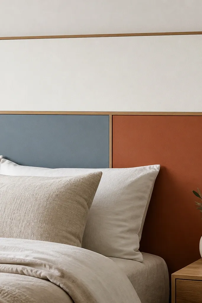 A headboard with clean color blocks: warm white, dusty blue, and terracotta, separated by thin wood trim lines; sharp edges are visible.