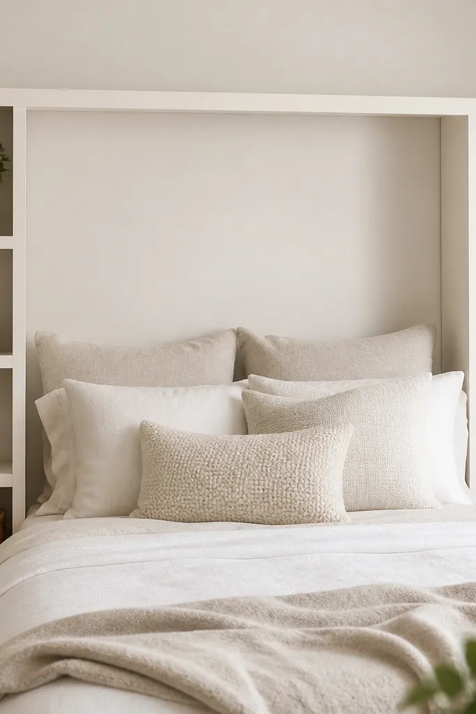 A headboard made from a simple ladder frame with two side rails and open cube shelves, painted off-white; the center has empty space behind the pillows.