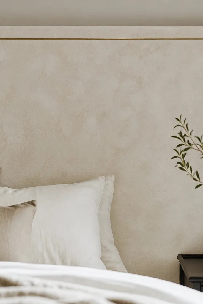 A headboard panel with faux plaster texture in warm white and a thin gold accent border; the surface looks hand-finished and slightly mottled.