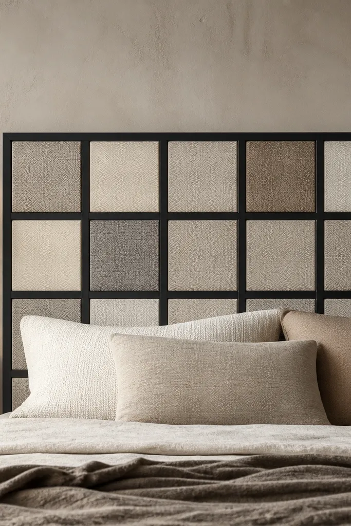 A matte black metal grid headboard with square openings, each filled with a different neutral fabric square; the grid lines look perfectly straight.