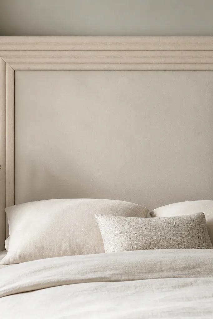 A simple neutral headboard panel bordered with layered fabric ribbon in a repeating pattern; the ribbon forms a thick, soft frame around a smooth center.