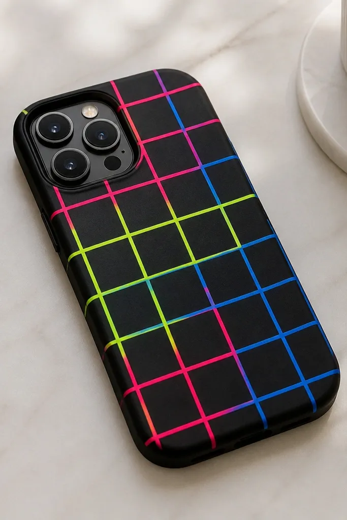 A black phone case with a crisp grid made from neon tape lines, including hot pink, lime green, and electric blue sections; the grid corners stop cleanly before the camera bump.