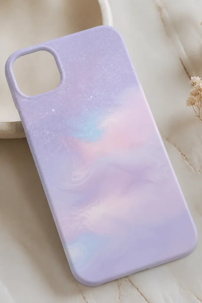 A light lavender phone case with soft cloud-like swirls in baby blue, pale pink, and tiny speckles of white across the top half.