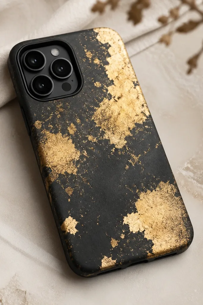 A dark charcoal phone case covered in uneven metallic gold patches like leaf fragments, with soft feathered edges and a few small bright flecks.