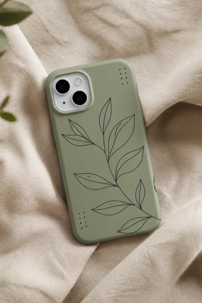 A muted sage phone case with thin black botanical lines showing a stem and leaves wrapping around the center, plus a few tiny dots near the corners.
