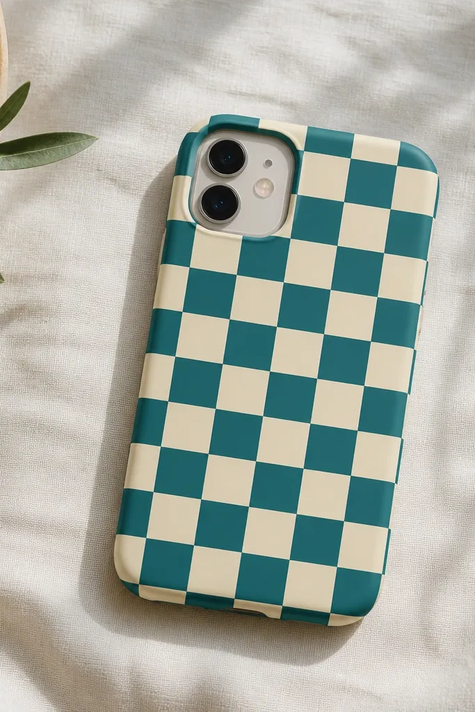 A phone case with a checkerboard pattern made from alternating teal and cream squares, sized consistently, with the pattern centered around the camera area.